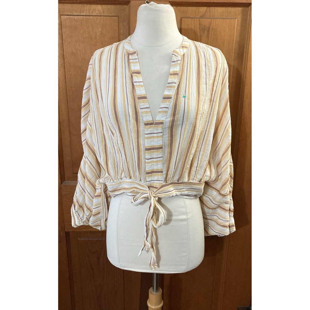 Anthropologie tie-front balloon sleeve striped blouse Sz M Gauze Coastal Boho - Picture 2 of 8